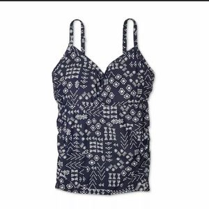 NWT Kona Sol Tankini Swim Top 18 18W blue ruched shirred sides tribal print